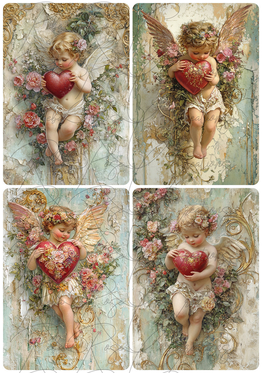 Reba Rose Creations, Rice Paper for Decoupage, Mixed Media, Valentine, Cupids, Roses, Angels, A4 8.27 X 11.6
