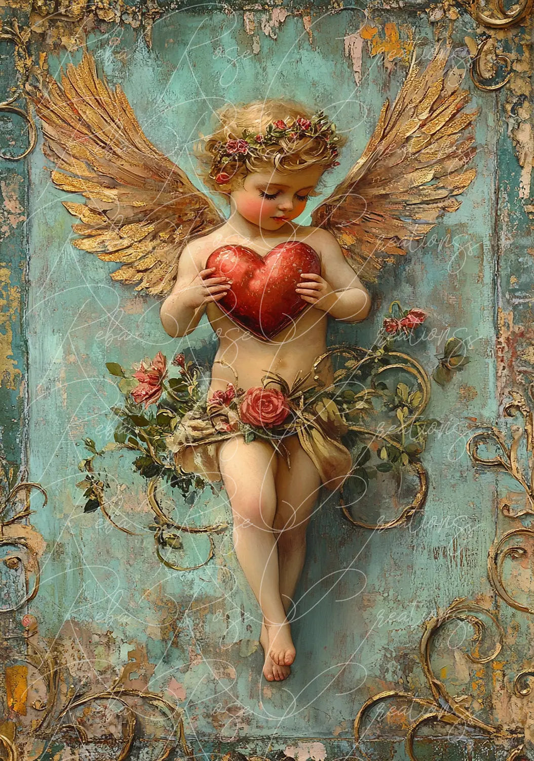 Reba Rose Creations, Rice Paper, Decoupage, Mixed Media, Vintage Style, Cupid, Angel, Heart, Antique Style, Shabby Chic, 1479 A4 8.27 X 11.6 Reba Rose