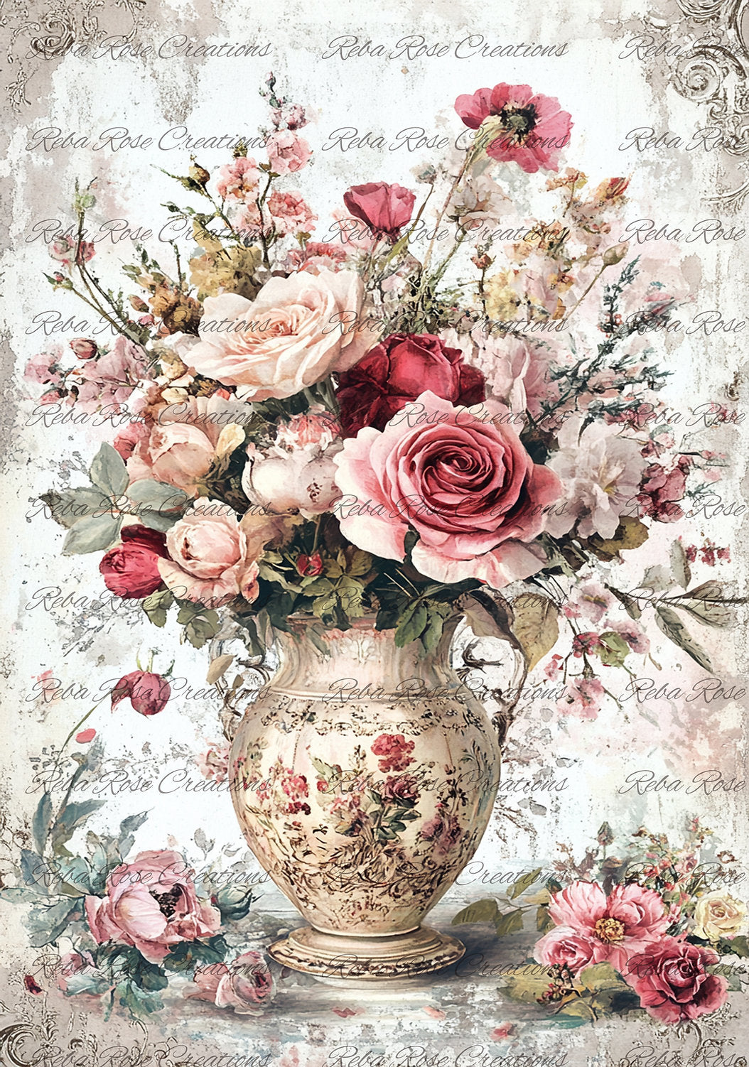 Reba Rose Creations, Rice Paper, Decoupage, Mixed Media, Pink, Vase, Bouquet, Roses, Shabby Chic, Antique Style, 1492, A4 8.27 X 11.6
