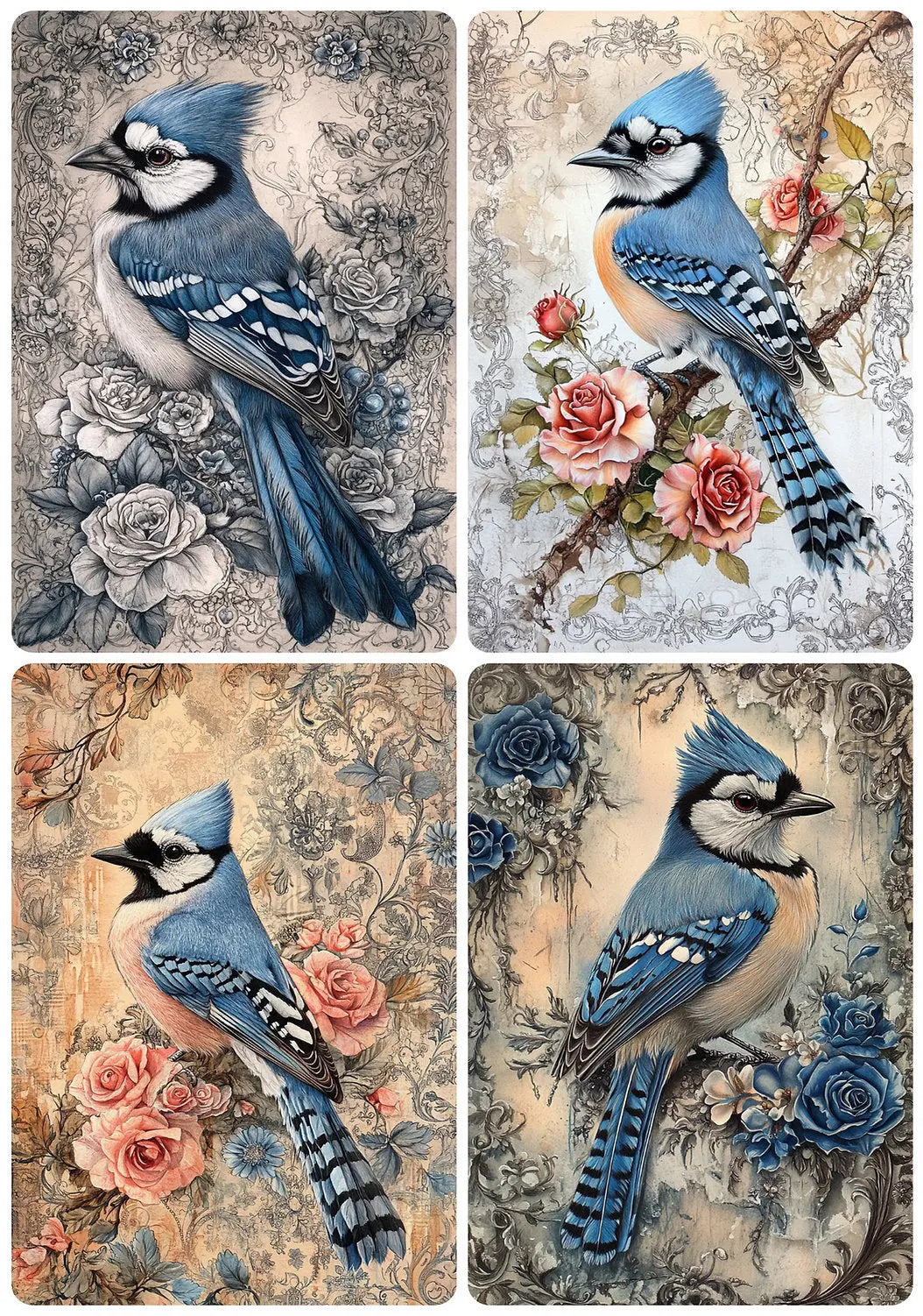 Reba Rose Creations, Rice Paper, Decoupage, Mixed Media, Spring, Blue Jays, Squares, Shabby Chic, 1498, A4 8.27 X 11.6 Reba Rose