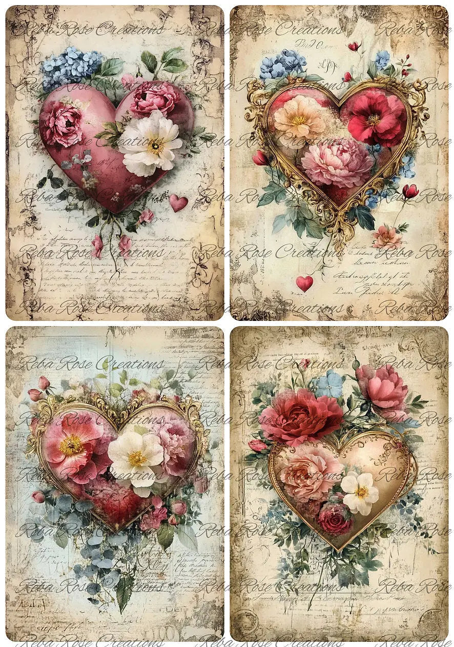 Reba Rose Creations, Rice Paper for Decoupage, Mixed Media, Victorian, Valentine, Hearts, Squares, Florals, A4 8.27 X 11.6 Reba Rose