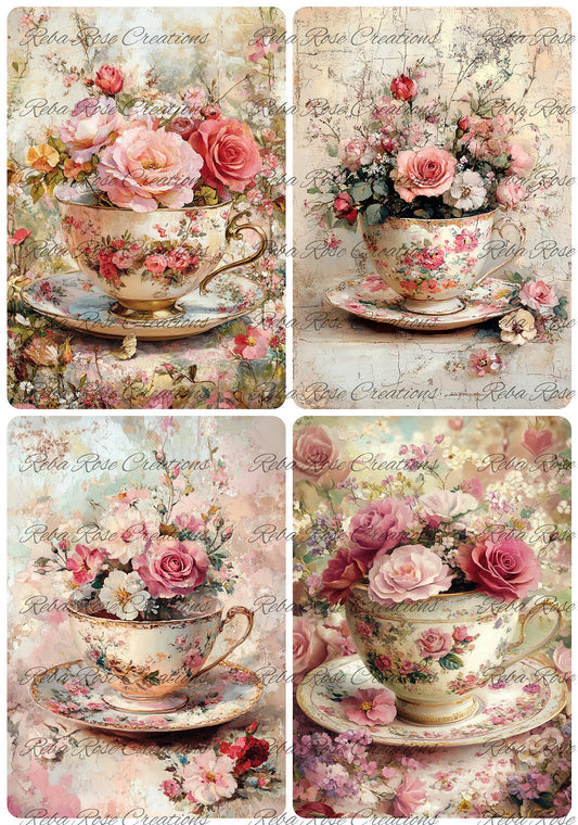Reba Rose Creations, Rice Paper, Decoupage, Mixed Media, Pink, Red, Roses, Teacups, Squares, Shabby Chic, 1512, A4 8.27 X 11.6