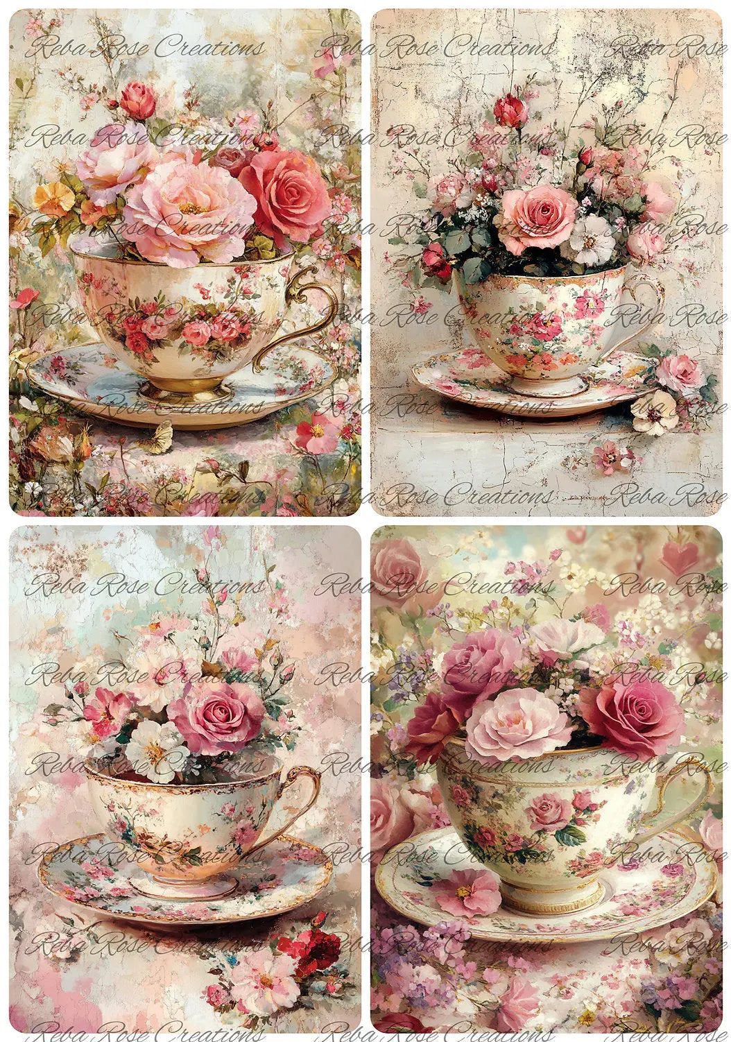 Reba Rose Creations, Rice Paper, Decoupage, Mixed Media, Pink, Red, Roses, Teacups, Squares, Shabby Chic, 1512, A4 8.27 X 11.6 Reba Rose