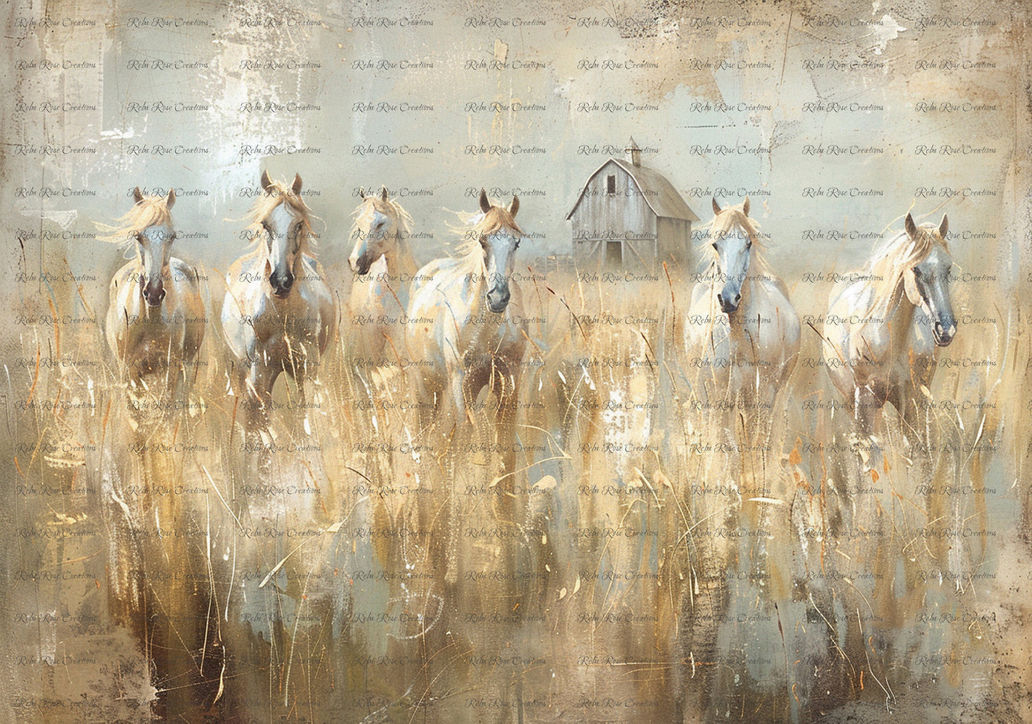 Reba Rose Creations, Rice Paper for Decoupage, Mixed Media, Herd White Horses, Meadow, Country, Roses, Shabby Chic, 1565, A4 8.27 X 11.6