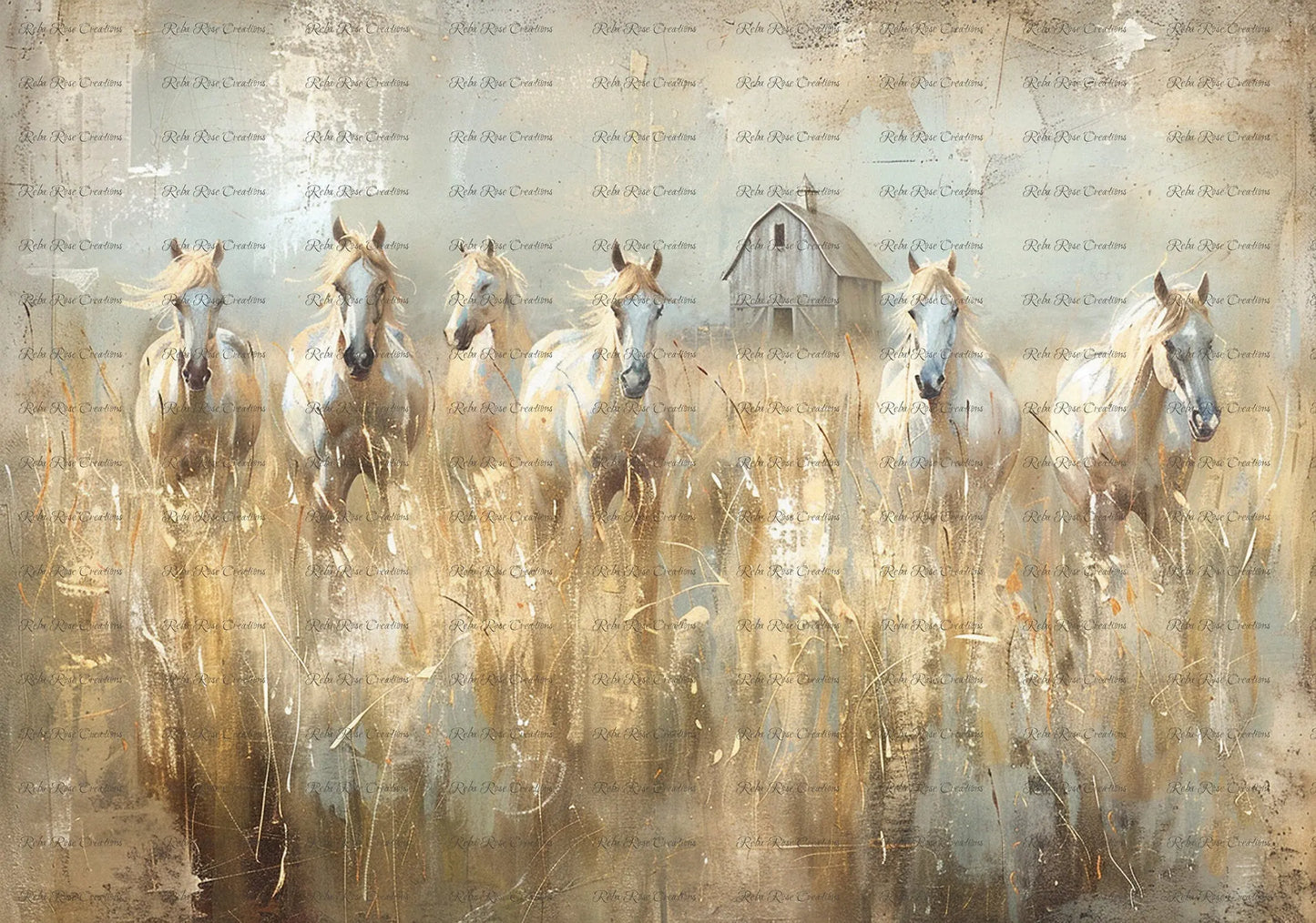 Reba Rose Creations, Rice Paper for Decoupage, Mixed Media, Herd White Horses, Meadow, Country, Roses, Shabby Chic, 1565, A4 8.27 X 11.6 Reba Rose
