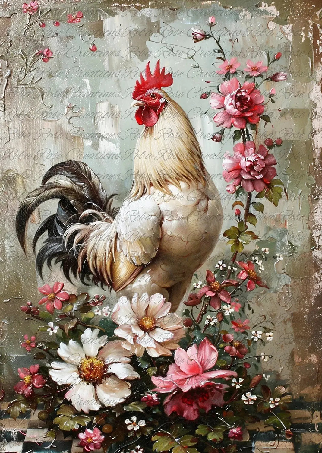 Reba Rose Creations, Rice Paper for Decoupage, Mixed Media, French, Rooster, Flowers, Shabby Chic, Vintage Style, 1641, A4 8.27 X 11.6 Reba Rose