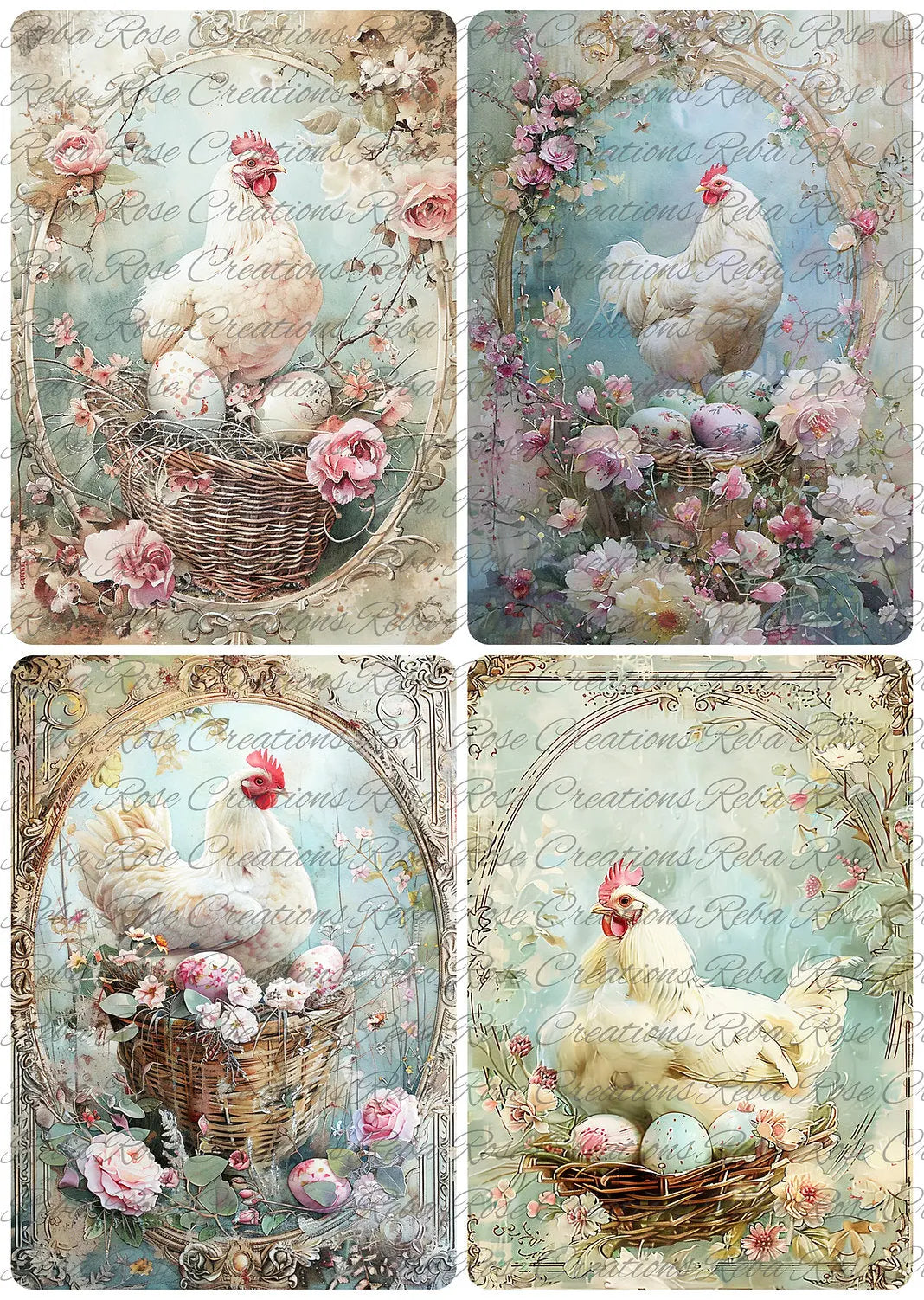 Reba Rose Creations, Rice Paper for Decoupage, Mixed Media, Easter, Chickens, Eggs, Baskets, Shabby Chic, Vintage Style, 1661 A4 8.27 X 11.6 Reba Rose