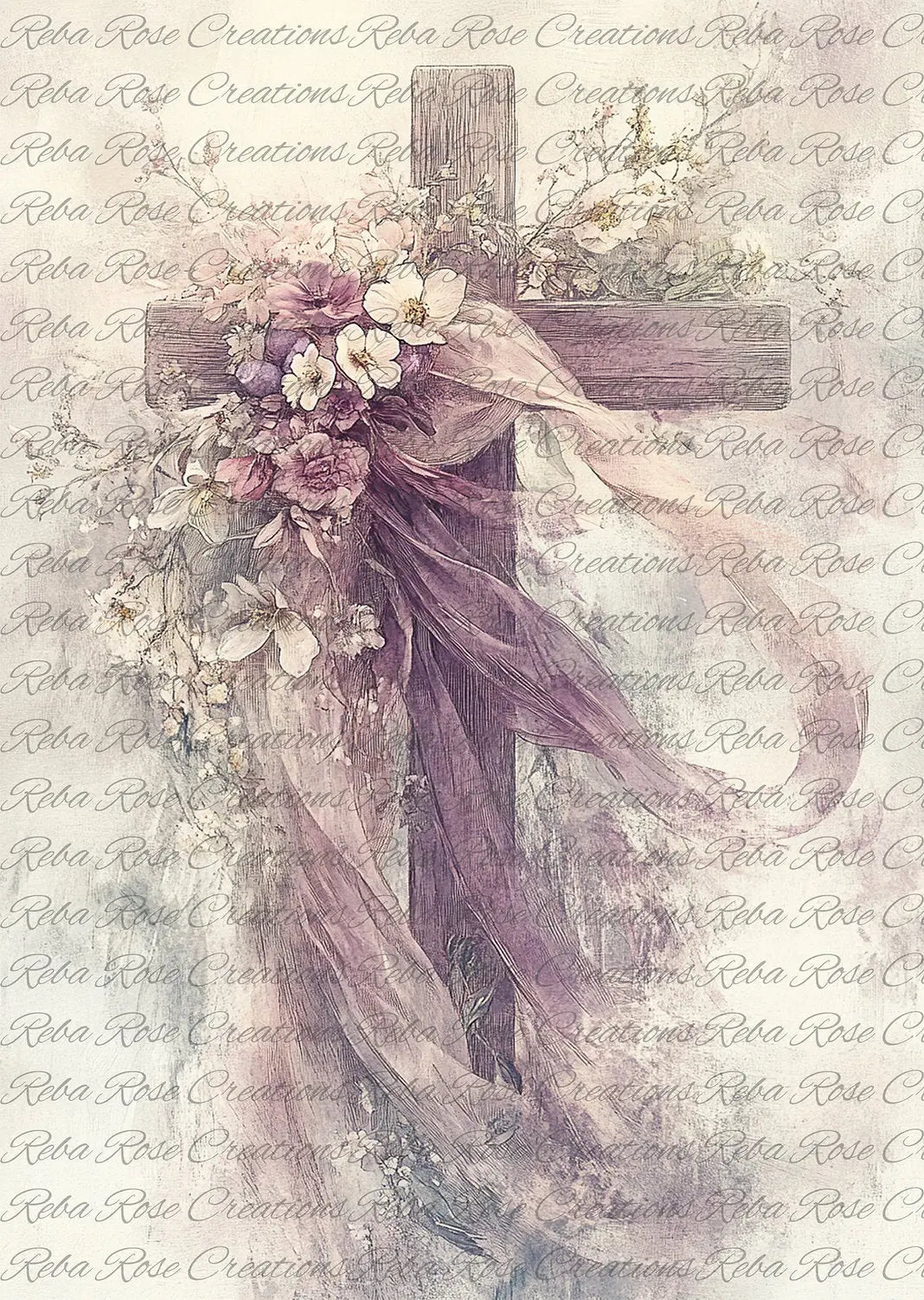 Reba Rose Creations, Rice Paper, Decoupage, Mixed Media, Easter, Purple, Cross, Flowers, Shabby Chic, 1664, A4 8.27 X 11.6 Reba Rose