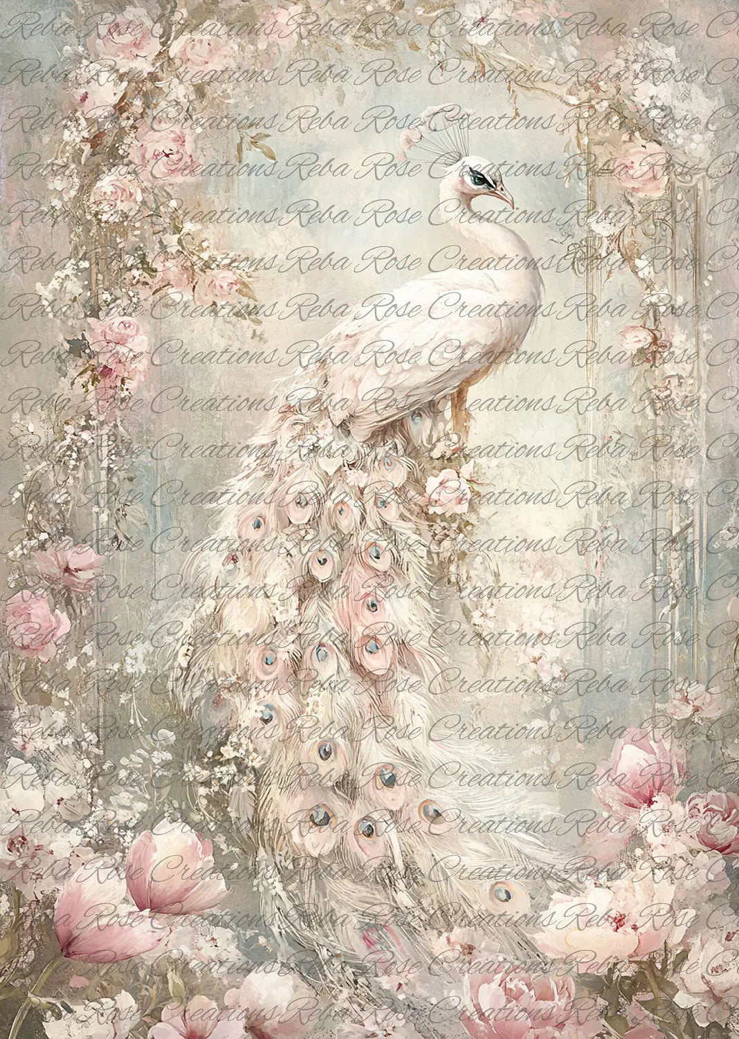 Reba Rose Creations, Rice Paper for Decoupage, Mixed Media, Pink, Peacock, Flowers, Shabby Chic, Vintage Style, 1681 A4 8.27 X 11.6 Reba Rose