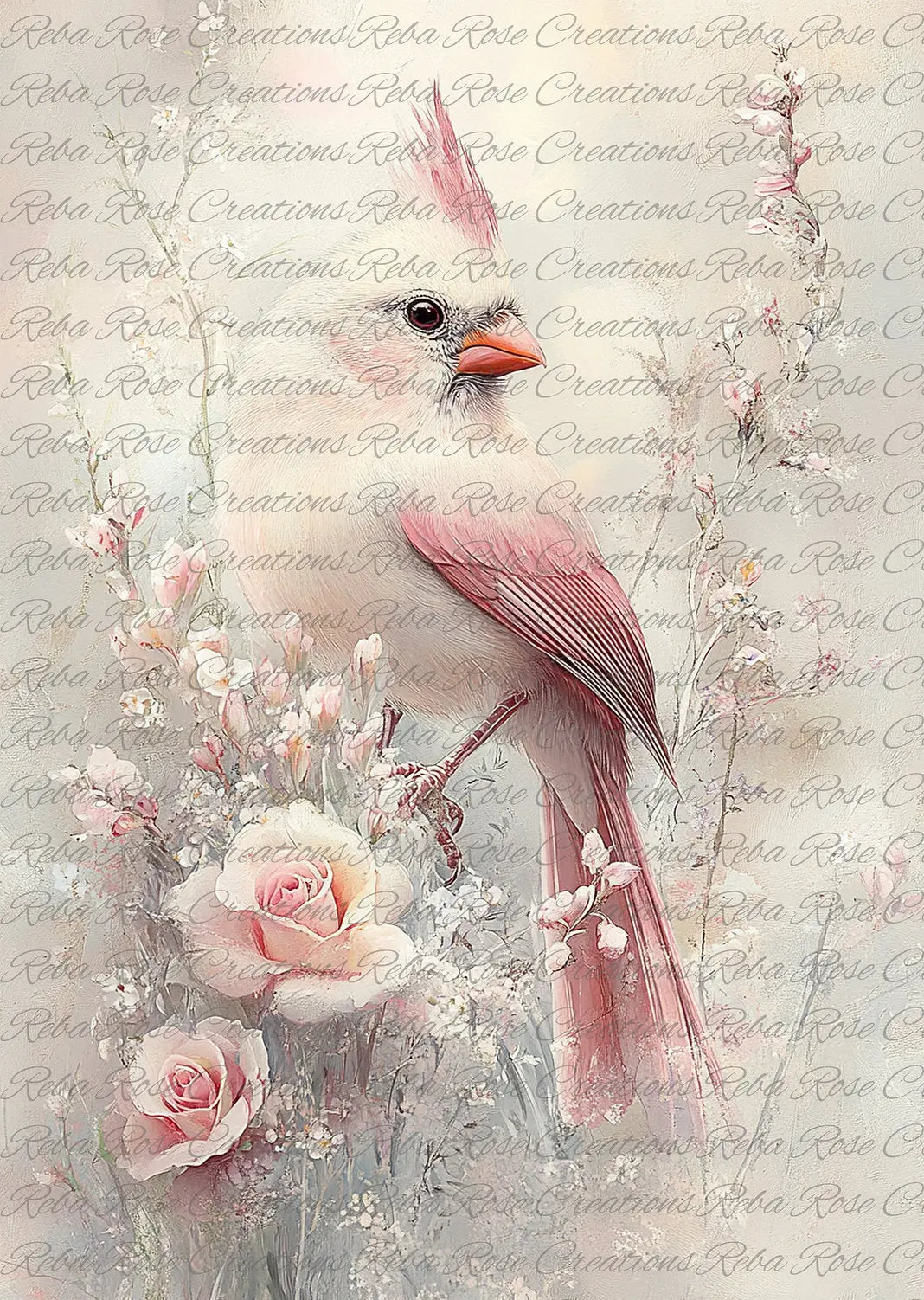 Reba Rose Creations, Rice Paper, Decoupage, Mixed Media, White Cardinal Reba Rose