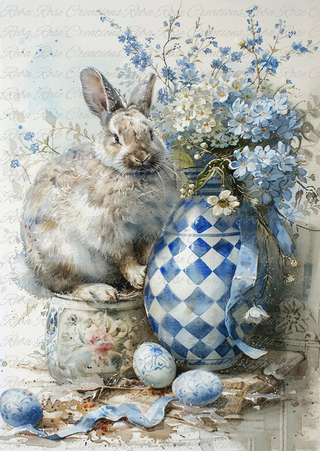 Reba Rose Creations, Rice Paper, Decoupage, Mixed Media, Easter Bunny, Eggs, Flowers, Blue, White, Vase, Shabby Chic, 1715, A4 8.27 X 11.6 Reba Rose