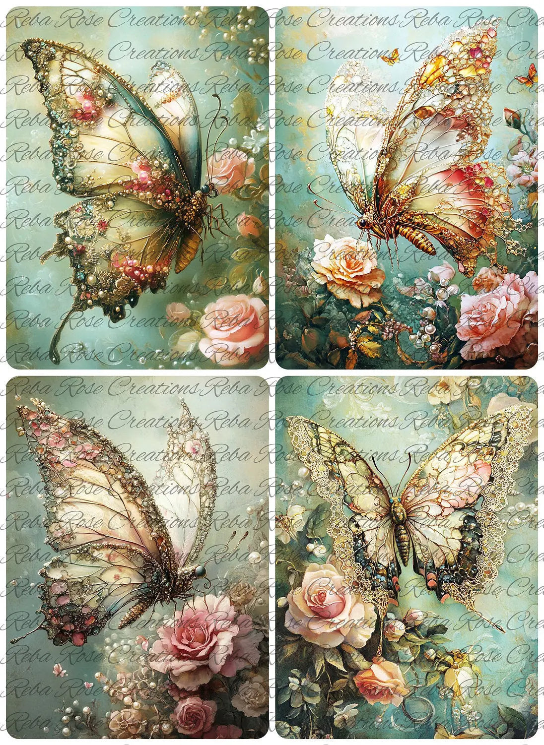 Reba Rose Creations, Rice Paper, Decoupage, Mixed Media, Spring, Butterflies, Pink, Roses, Squares, Shabby Chic, 1739, A4 8.27 X 11.6 Reba Rose