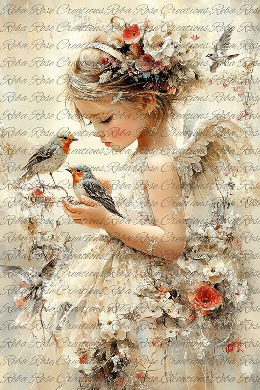 Reba Rose Creations, Rice Paper, Decoupage, Mixed Media, Fairy, Girl, Angel, Birds, Roses, Shabby Chic, 1745, A4 8.27 X 11.6