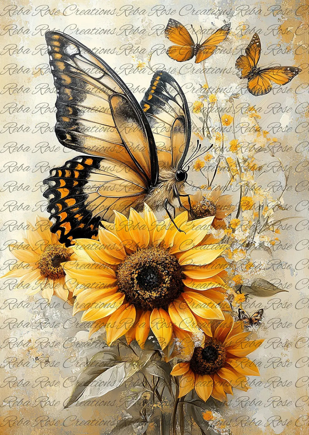 Reba Rose Creations, Rice Paper, Decoupage, Mixed Media, Sunflower, Butterflies Reba Rose