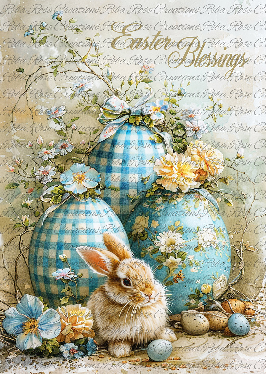 Reba Rose Creations, Rice Paper for Decoupage, Mixed Media, Blue Easter Eggs, Bunny Rabbit, Flowers, A4 8.27 X 11.6