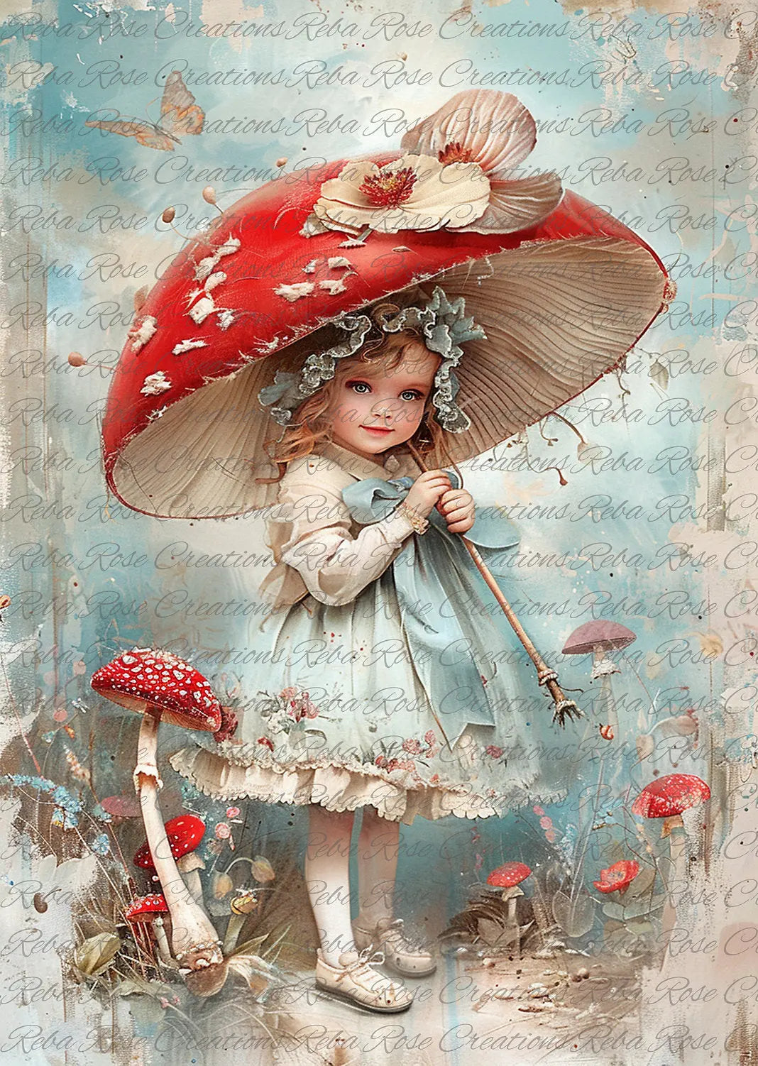 Reba Rose Creations, Rice Paper, Decoupage, Mixed Media, Mushroom girl, Baby Reba Rose