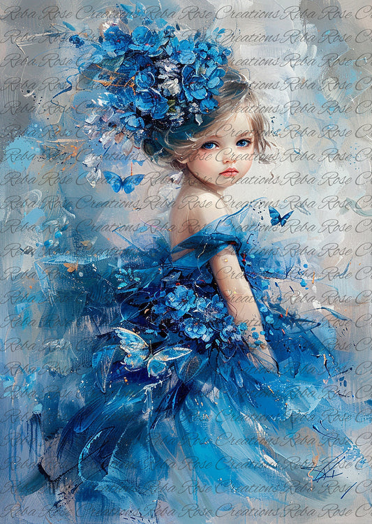 Reba Rose Creations, Rice Paper, Decoupage, Mixed Media, Blue Flower Baby