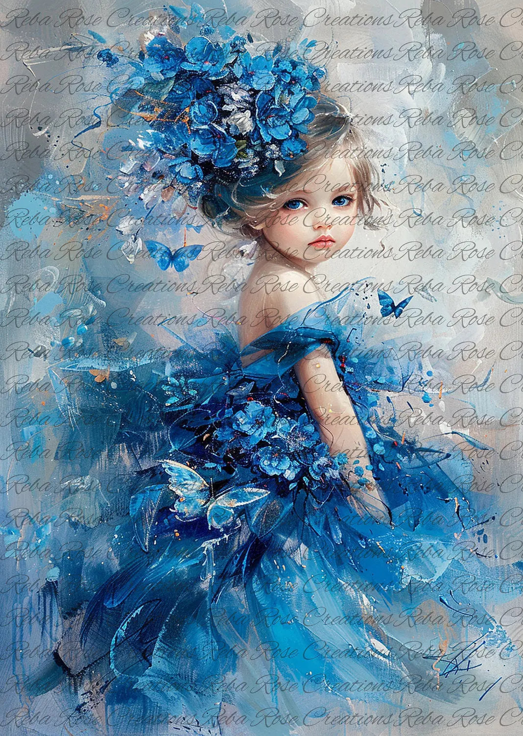Reba Rose Creations, Rice Paper, Decoupage, Mixed Media, Blue Flower Baby Reba Rose