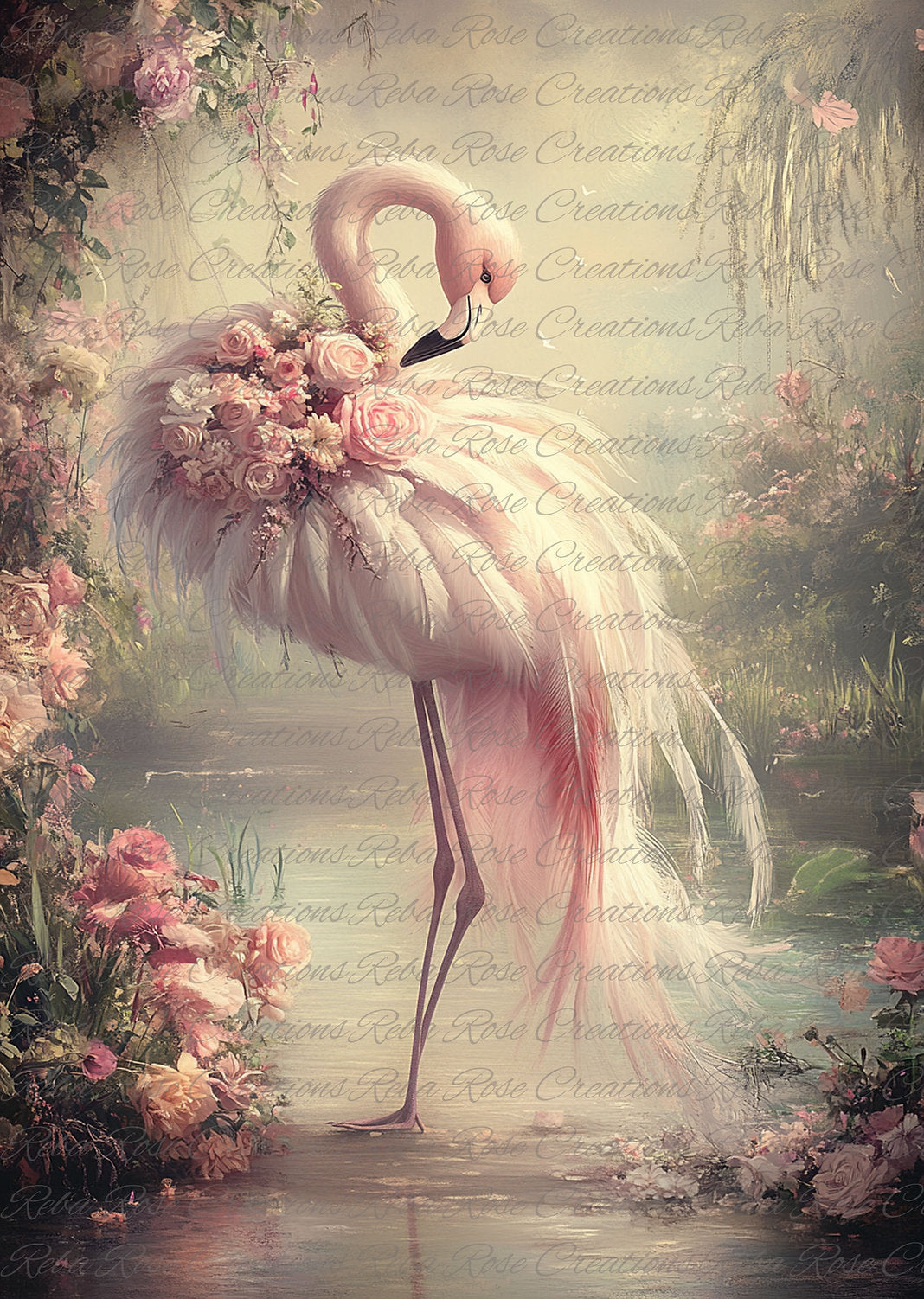 Reba Rose Creations, Rice Paper, Decoupage, Mixed Media, Pink Flamingo