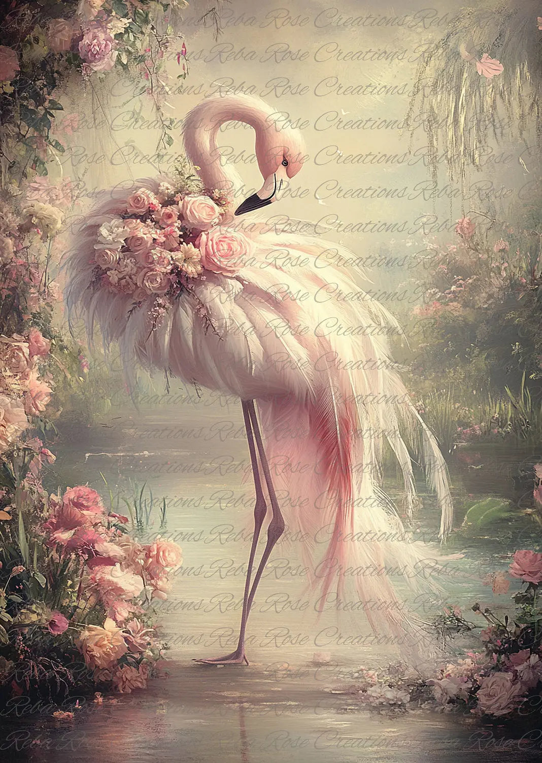 Reba Rose Creations, Rice Paper, Decoupage, Mixed Media, Pink Flamingo Reba Rose