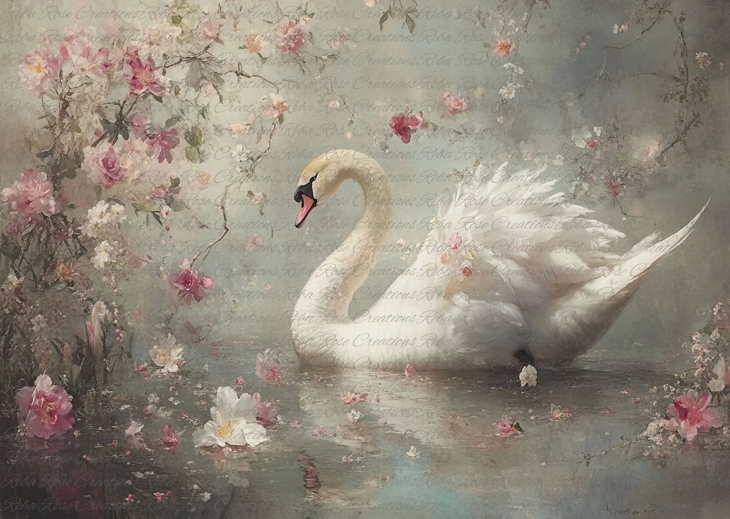 Reba Rose Creations, Rice Paper for Decoupage, Mixed Media, Floral, Swan, Shabby Chic Reba Rose