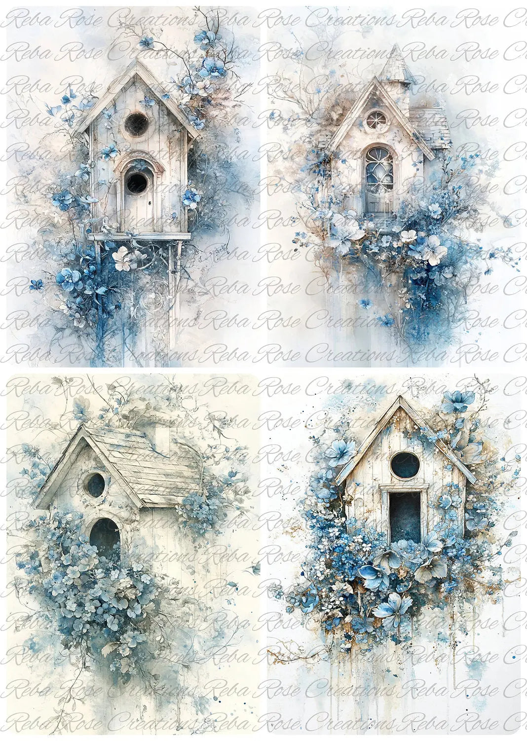 Reba Rose Creations, Rice Paper for Decoupage, Mixed Media, Bird Houses, Blue Flowers, Squares, Shabby Chic, 1771, A4 8.27 X 11.6 Reba Rose