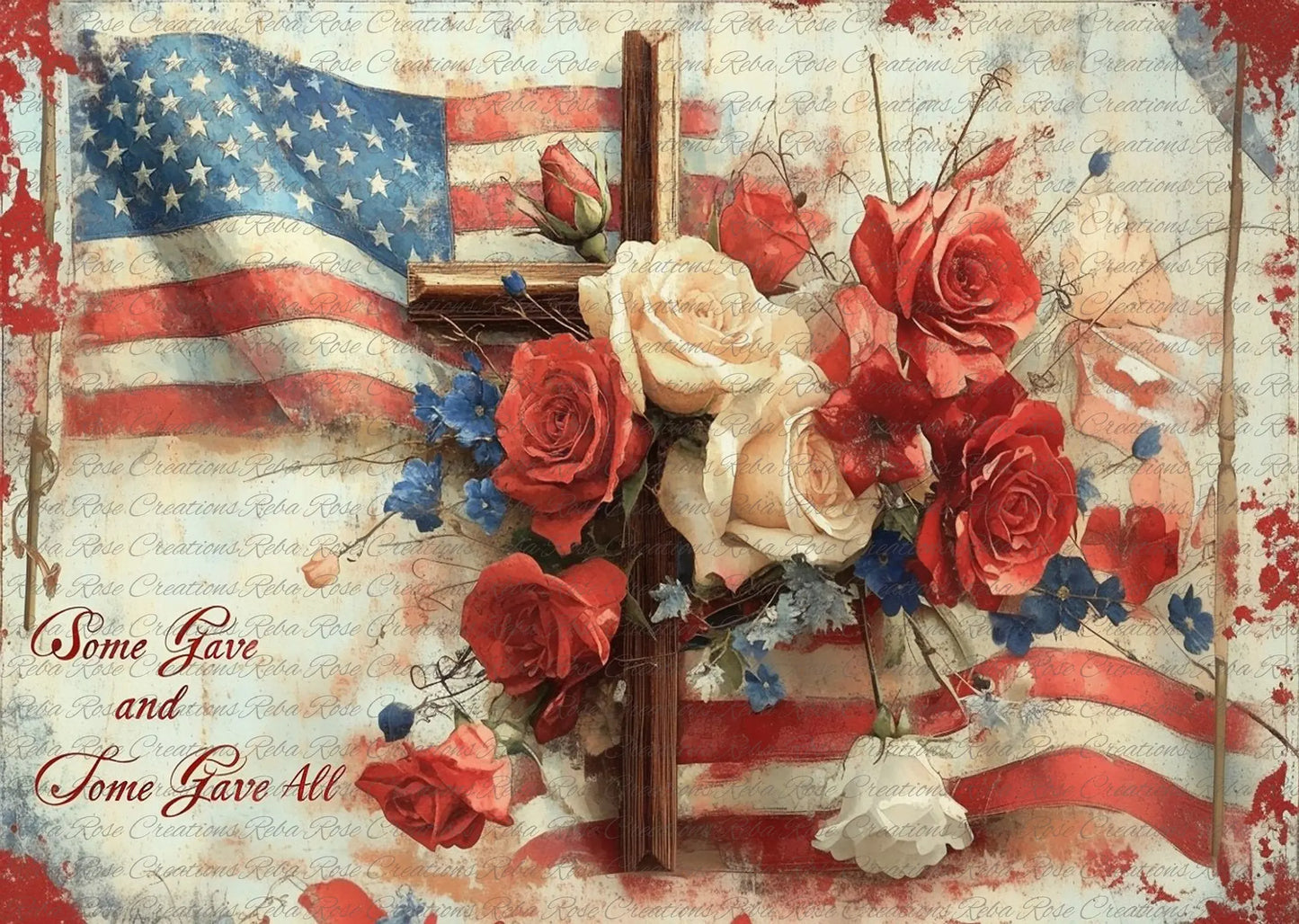 Reba Rose Creations, Rice Paper for Decoupage, Mixed Media, American Flag, Roses Bouquet, Memorial Day, Memory, Patriotic, A4 Reba Rose