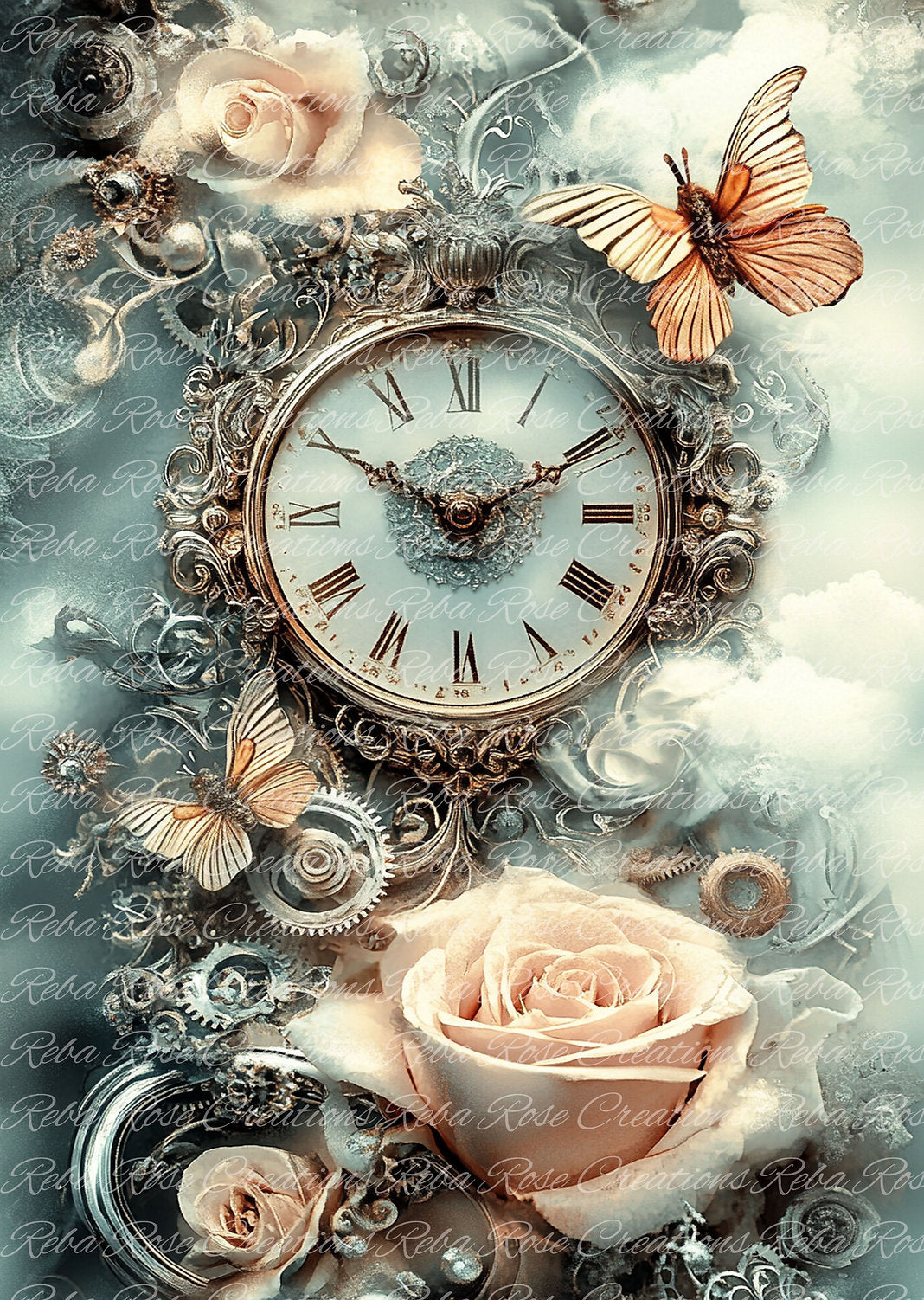 Reba Rose Creations, Rice Paper for Decoupage, Mixed Media, Clock, Pink Roses, Steampunk, Shabby Chic, A4 8.27 X 11.6