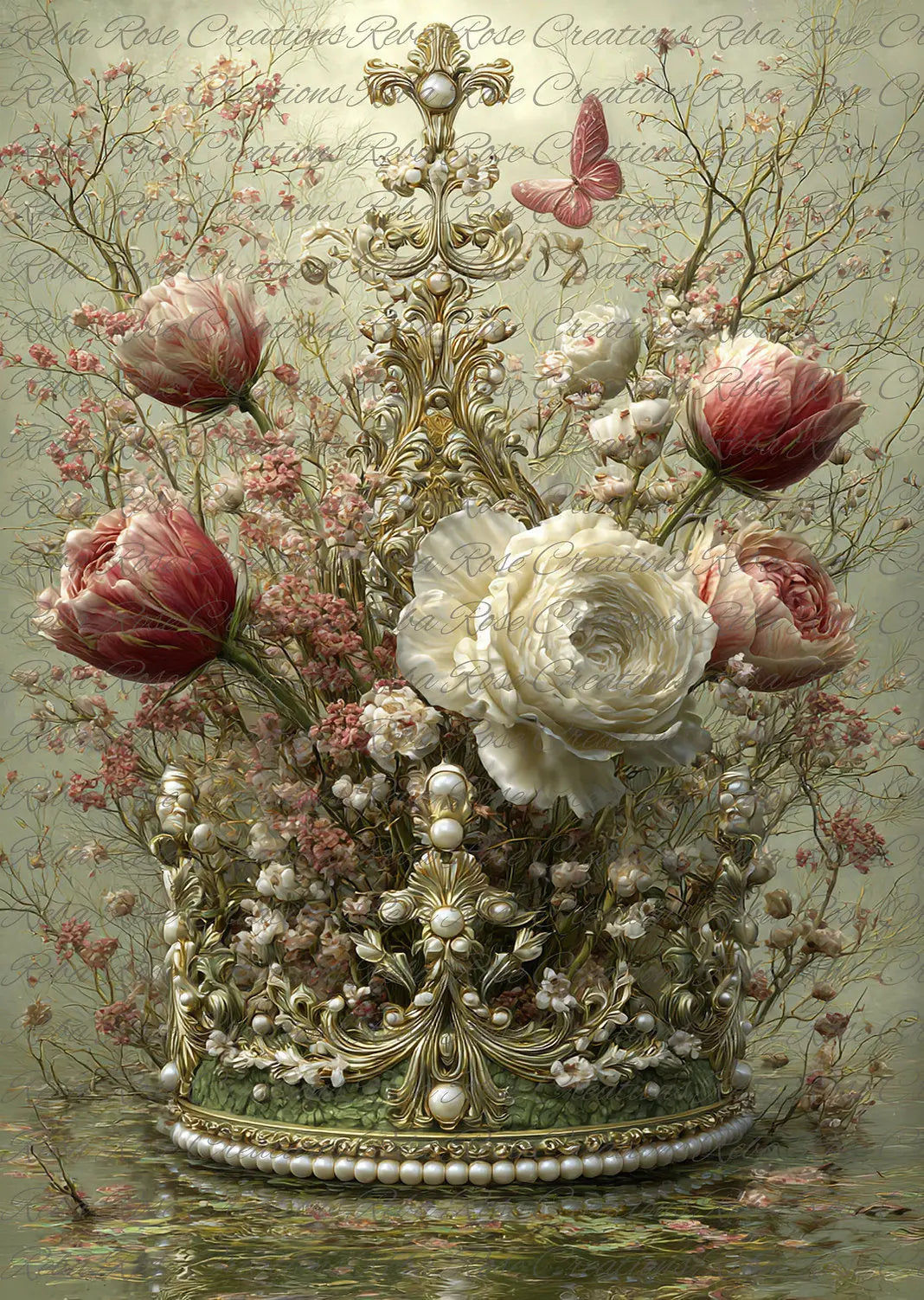 Reba Rose Creations, Rice Paper for Decoupage, Crown, Floral, Roses, Once Upon a Time, Shabby Chic, Mixed Media, 2145, A4, 8.27 X 11.6 Reba Rose