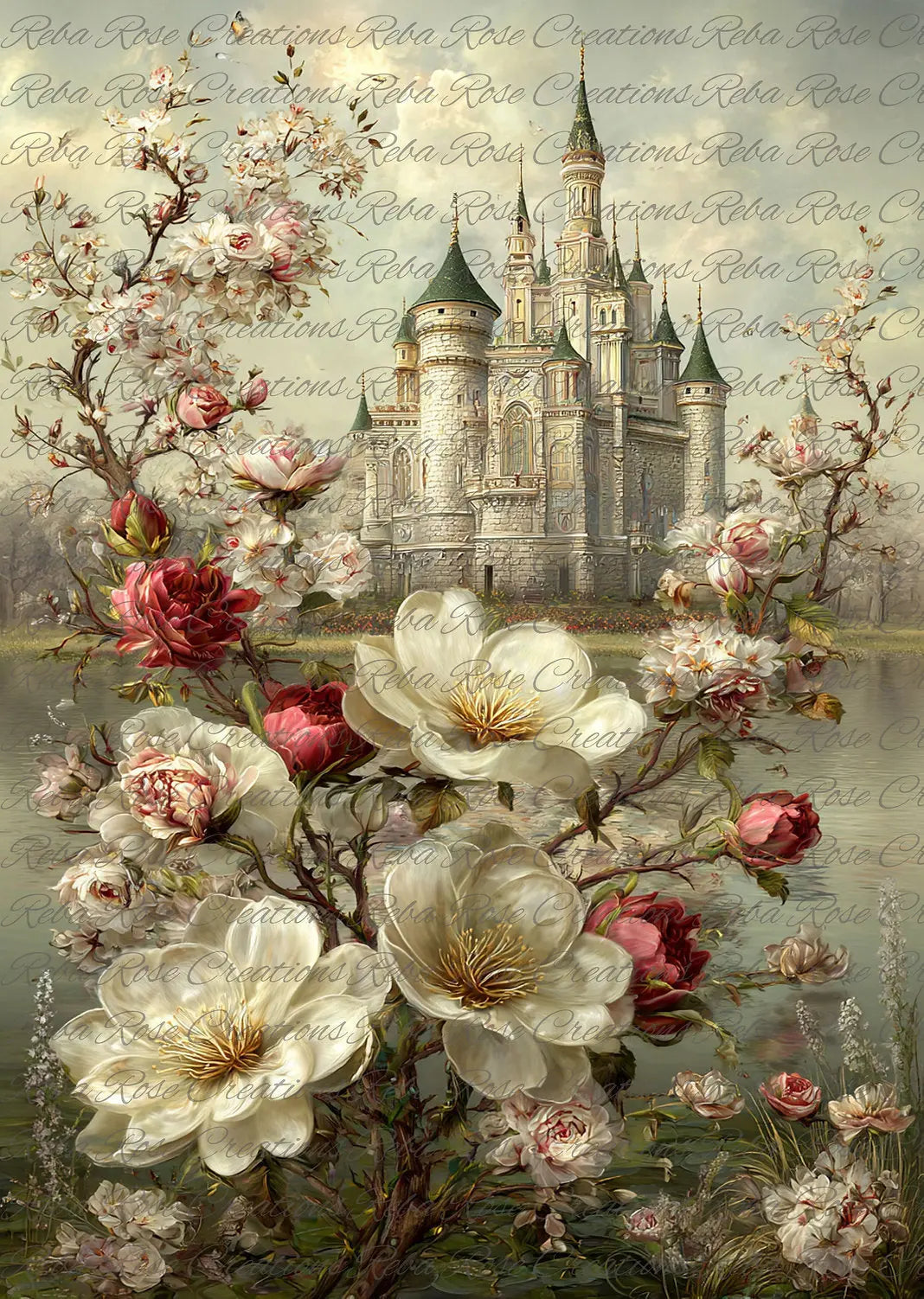 Reba Rose Creations, Rice Paper for Decoupage, Castle Floral, Flowers, Once Upon a Time, Shabby Chic, Mixed Media, 2152, A4, 8.27 X 11.6 Reba Rose