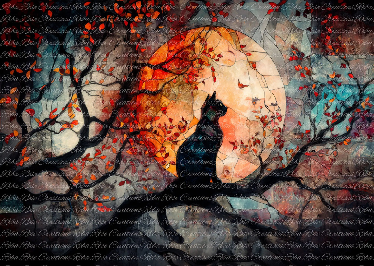 Reba Rose Creations, Rice Paper for Decoupage, Halloween Stained Glass Cat, Mixed Media, 2209, A4, 8.27 X 11.6 Reba Rose