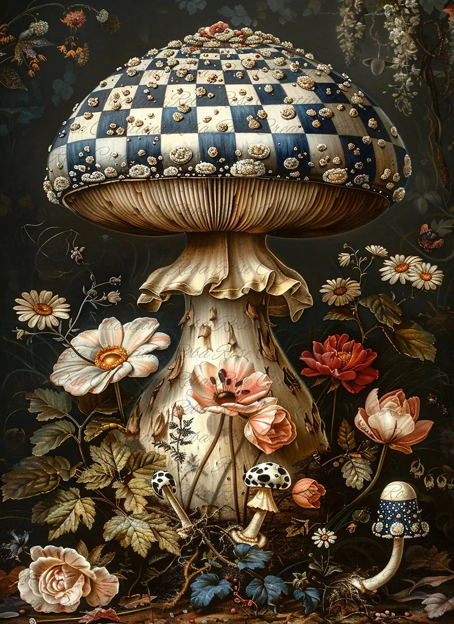 Reba Rose Creations, Rice Paper for Decoupage, Mixed Media, Harlequin Mushrooms, Flowers, A4 8.27 X 11.6 Reba Rose