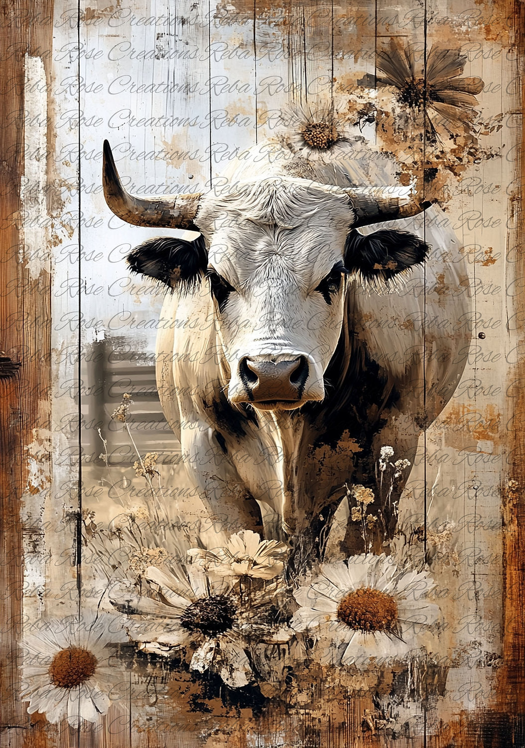 Reba Rose Creations, Rice Paper for Decoupage, Mixed Media, Rustic, Farmhouse, Bull, Country, Flowers, 2275, A4, 8.27 X 11.6