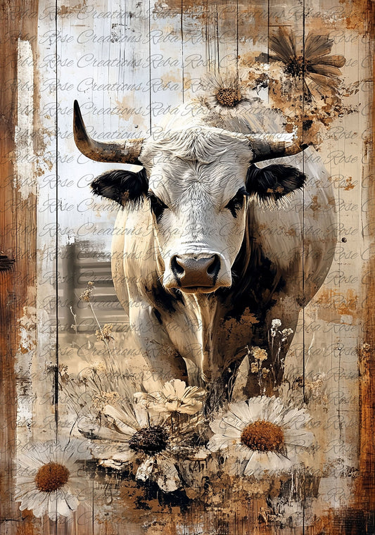 Reba Rose Creations, Rice Paper for Decoupage, Mixed Media, Rustic, Farmhouse, Bull, Country, Flowers, 2275, A4, 8.27 X 11.6