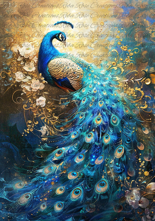 Reba Rose Creations, Rice Paper for Decoupage, Mixed Media, Golden Peacock, Bird, Colorful, A3-227, 11.7 x 16.5
