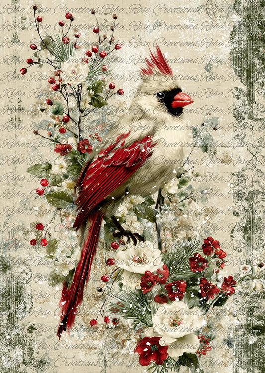 Reba Rose Creations, Rice Paper for Decoupage, Mixed Media, Christmas, Red Cardinal, Holly Berries, Shabby Chic, 2295, A4, 8.27 X 11.6