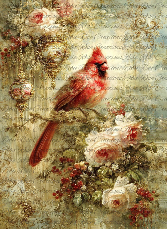 Reba Rose Creations, Rice Paper for Decoupage, Mixed Media, Christmas, Red Cardinal, Holly Berries, Snow, Shabby Chic, 2299, A4, 8.27 X 11.6