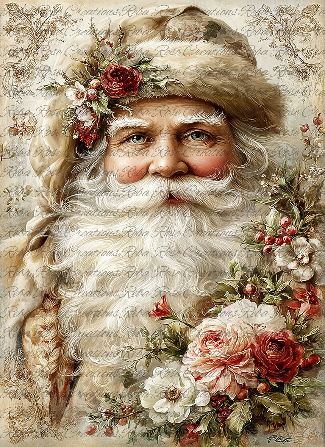 Reba Rose Creations, Rice Paper for Decoupage, Mixed Media, Christmas, Santa, Vintage Style, Floral, 2300, A4 8.27 X 11.6