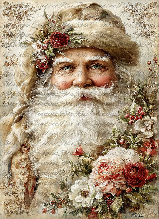 Reba Rose Creations, Rice Paper for Decoupage, Mixed Media, Christmas, Santa, Vintage Style, Floral, 2300, A4 8.27 X 11.6