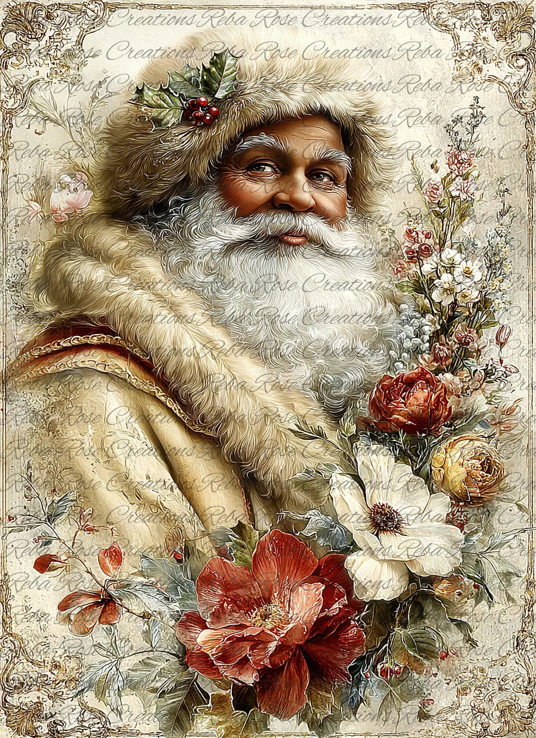 Reba Rose Creations, Rice Paper for Decoupage, Mixed Media, Christmas, Black, Brown, Santa, Vintage Style, 2306, A4 8.27 X 11.6 Reba Rose