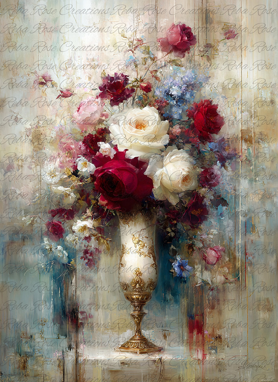 Reba Rose Creations, Rice Paper for Decoupage, Mixed Media, Flowers, Vase, Red, White, Blue, A4 8.27 X 11.6