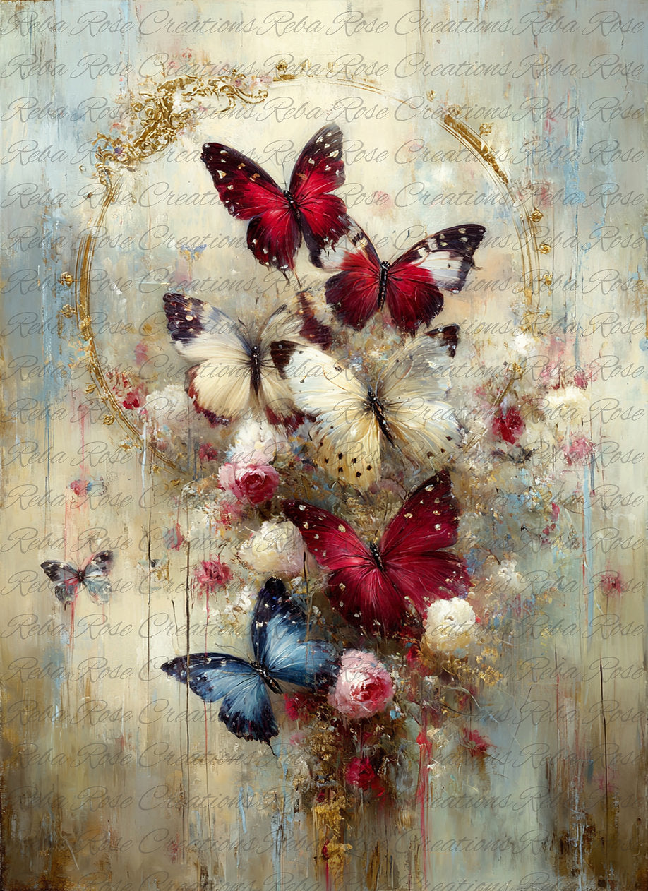 Reba Rose Creations, Rice Paper for Decoupage, Mixed Media, Flowers, Butterflies, A4 8.27 X 11.6