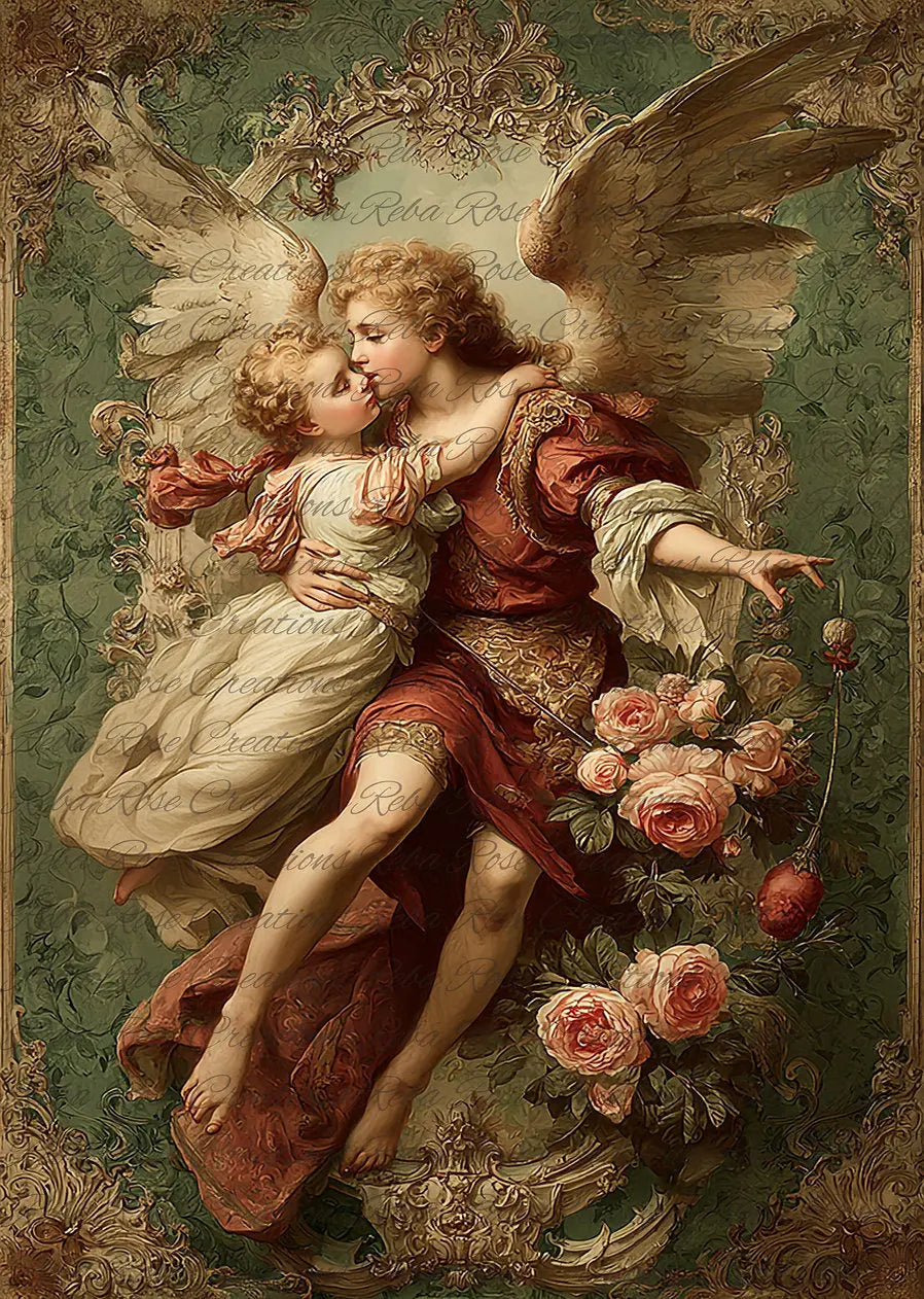 Reba Rose Creations, Rice Paper, Decoupage, Mixed Media, Victorian Cupid, Roses, Flowers, Shabby Chic, Vintage Style, 2453 A4 8 X 11 Reba Rose