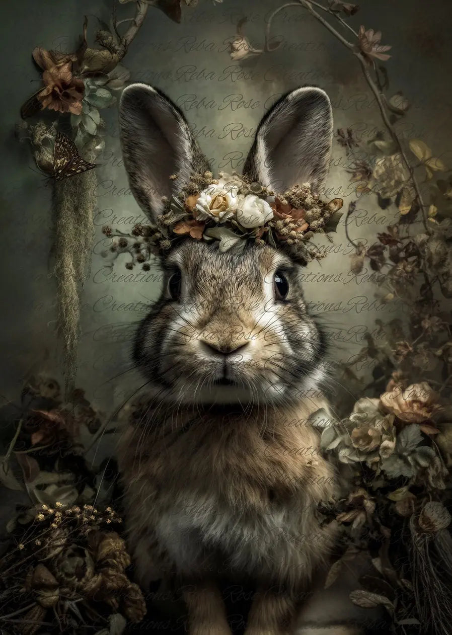 Reba Rose Creations, Rice Paper, Decoupage, Mixed Media, Majestic Winter Rabbit, Shabby Chic, Vintage Style, 2482 A4 8 X 11 Reba Rose