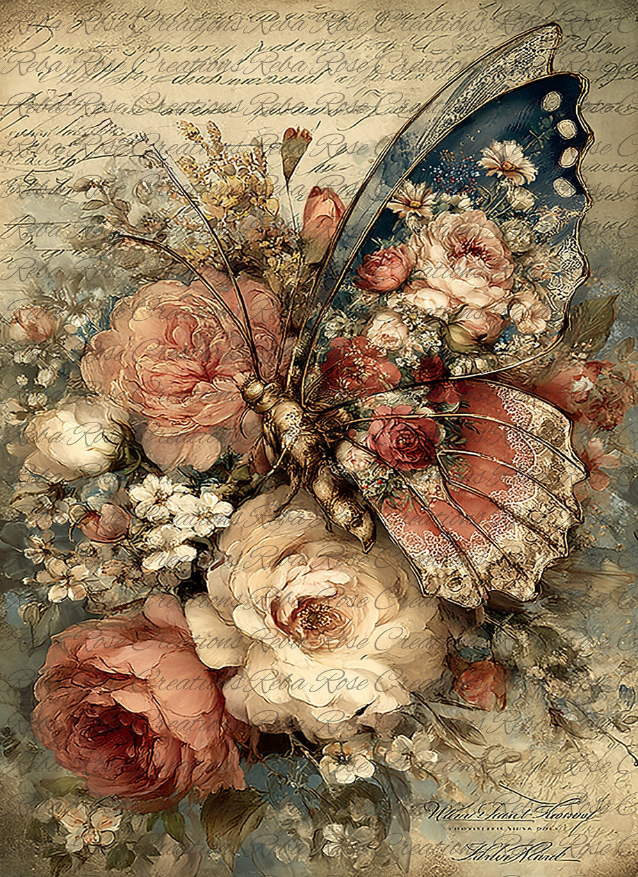 Reba Rose Rice Paper for Decoupage, Colorful Butterfly, Garden, Roses, Florals, Mixed Media, A4, 8.27 X 11.6