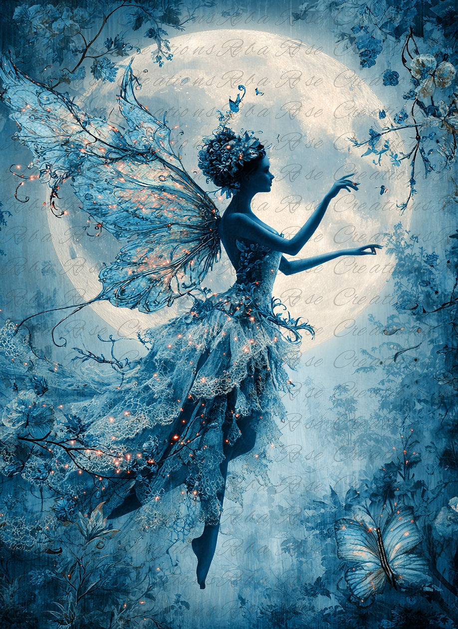 Reba Rose Rice Paper for Decoupage, Mystic Blue Fairy Moon, Mixed Media, A4, 8.27 X 11.6