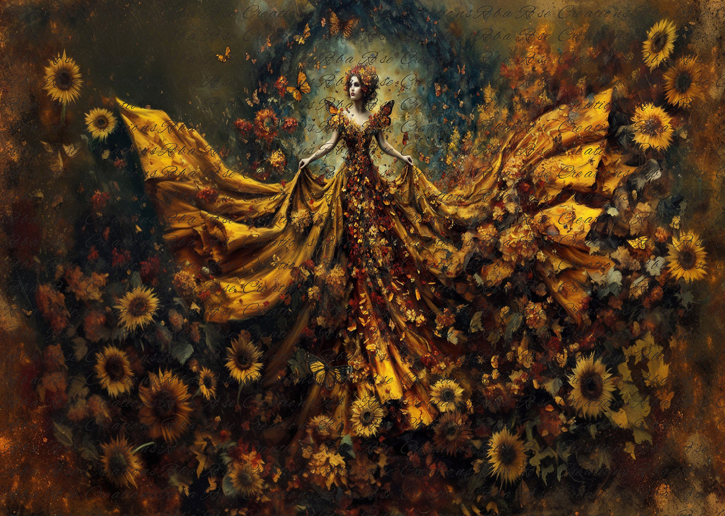 Reba Rose Rice Paper for Decoupage, Embers of Autumn, Goddess, Sunflowers, Mixed Media, A4, 8.27 X 11.6