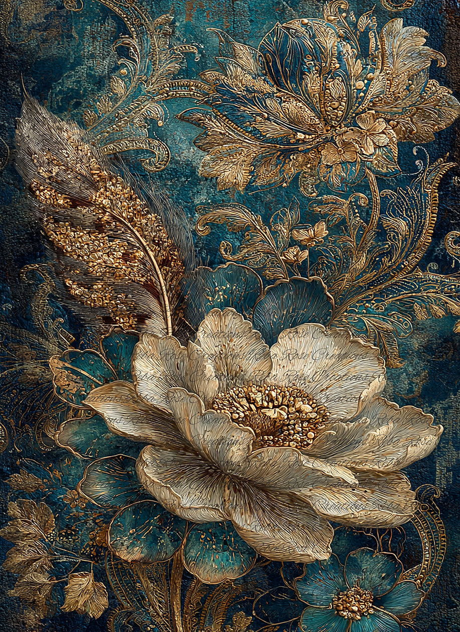 Reba Rose Rice Paper for Decoupage, Blue and Gold Florals, Mixed Media, A4, 8.27 X 11.6