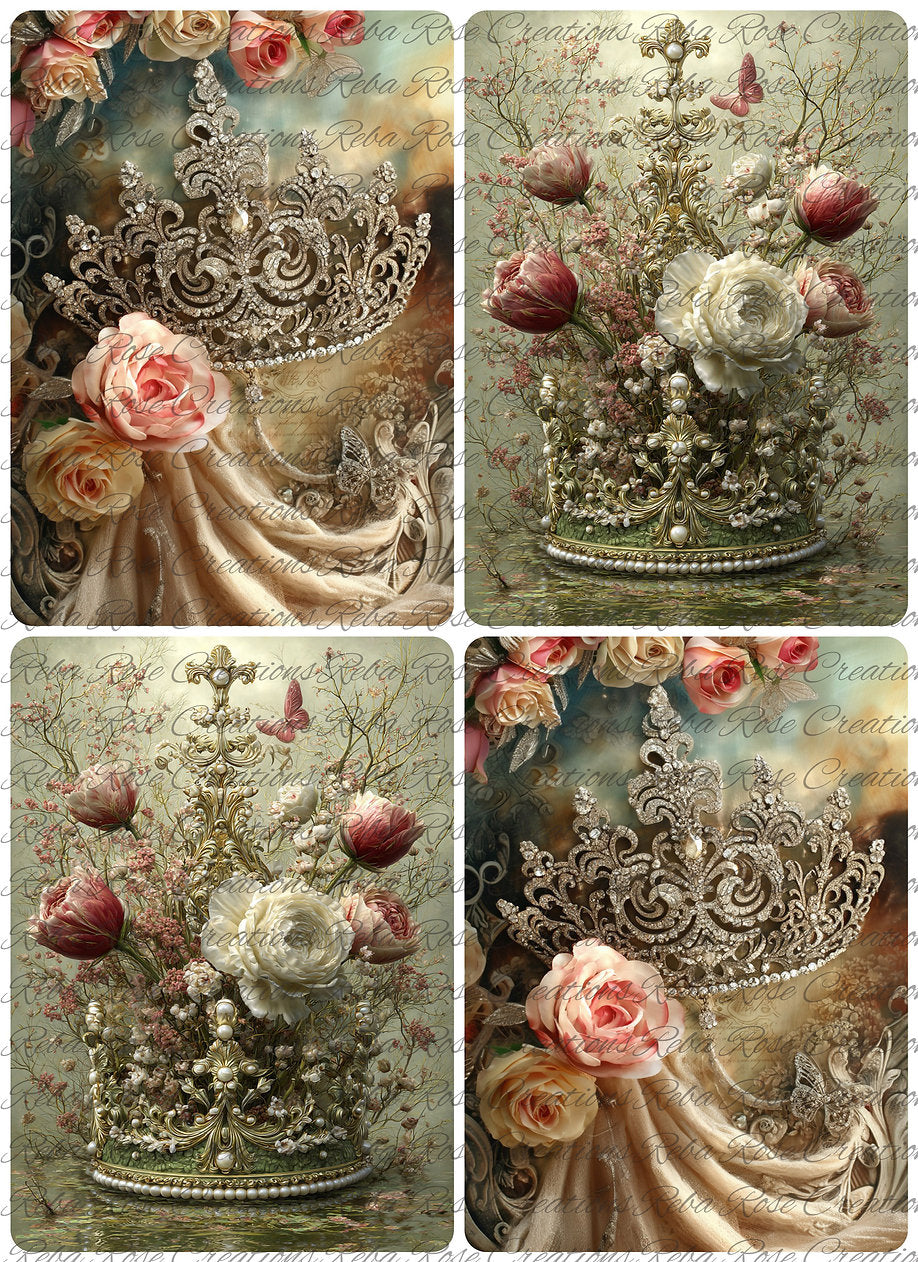 Reba Rose Rice Paper for Decoupage, Crowns, Variety, Floral, Roses, Shabby Chic, Mixed Media, 2757, A4, 8.27 X 11.6