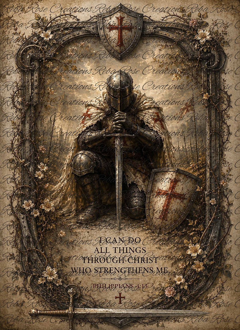 Reba Rose Creations Rice Paper for Decoupage, Medieval Knight Praying, Philippians Bible Verse, Mixed Media, A4 8.27 X 11.6